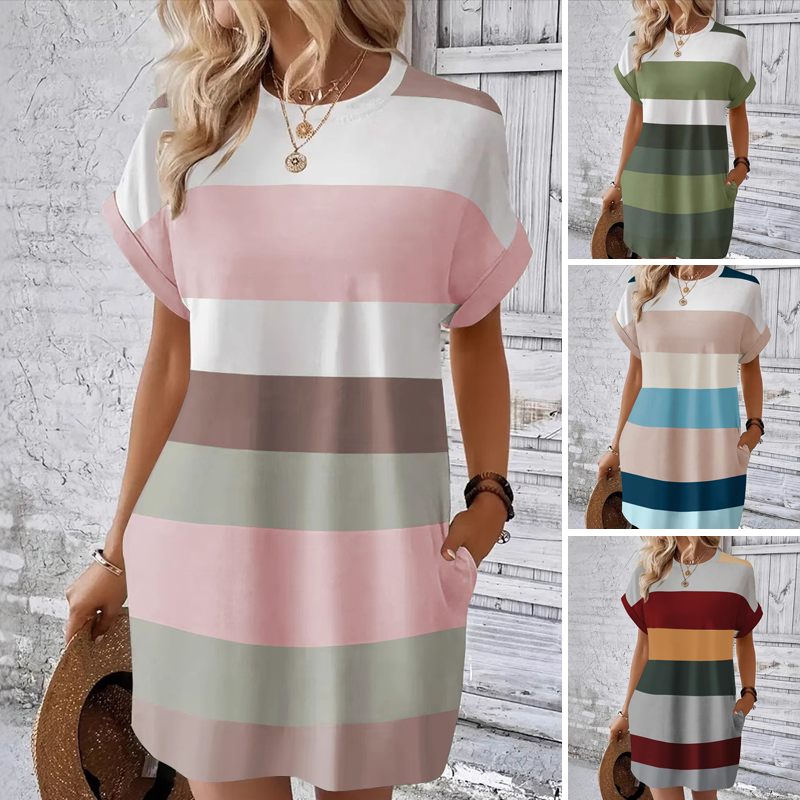 👗Ανεπίσημο γυναικείο φόρεμα με στρογγυλή λαιμόκοψη-GR