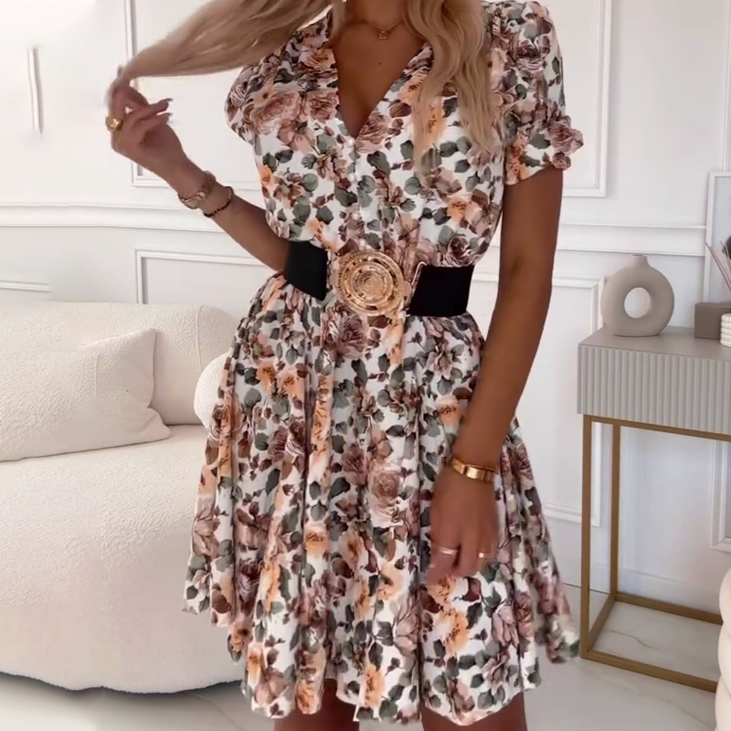 ⏳Περιορισμένη χρονική έκπτωση 50%💥✨Γυναικείο μίνι φόρεμα με V λαιμόκοψη και φλοράλ τύπωμα-GR