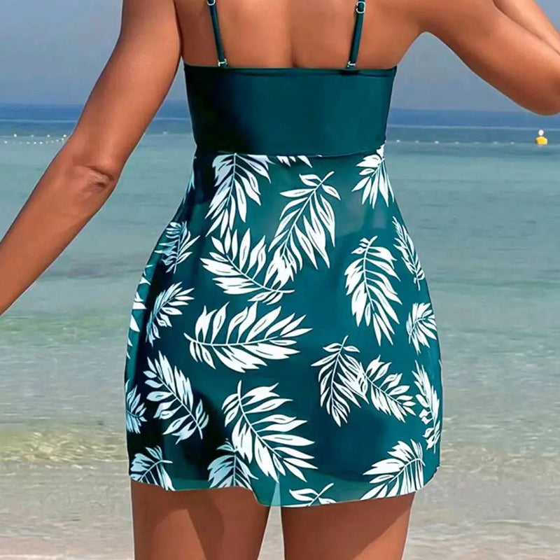 🌴👙Moteriškas dviejų dalių raštuotas maudymosi kostiumėlis su dirželiais šortais-LT