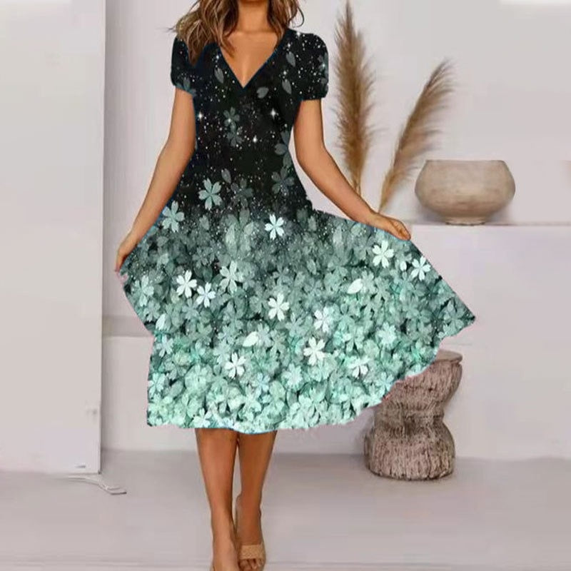 【S-4XL】🌺Γυναικείο φόρεμα με στάμπα και λαιμόκοψη V-GR