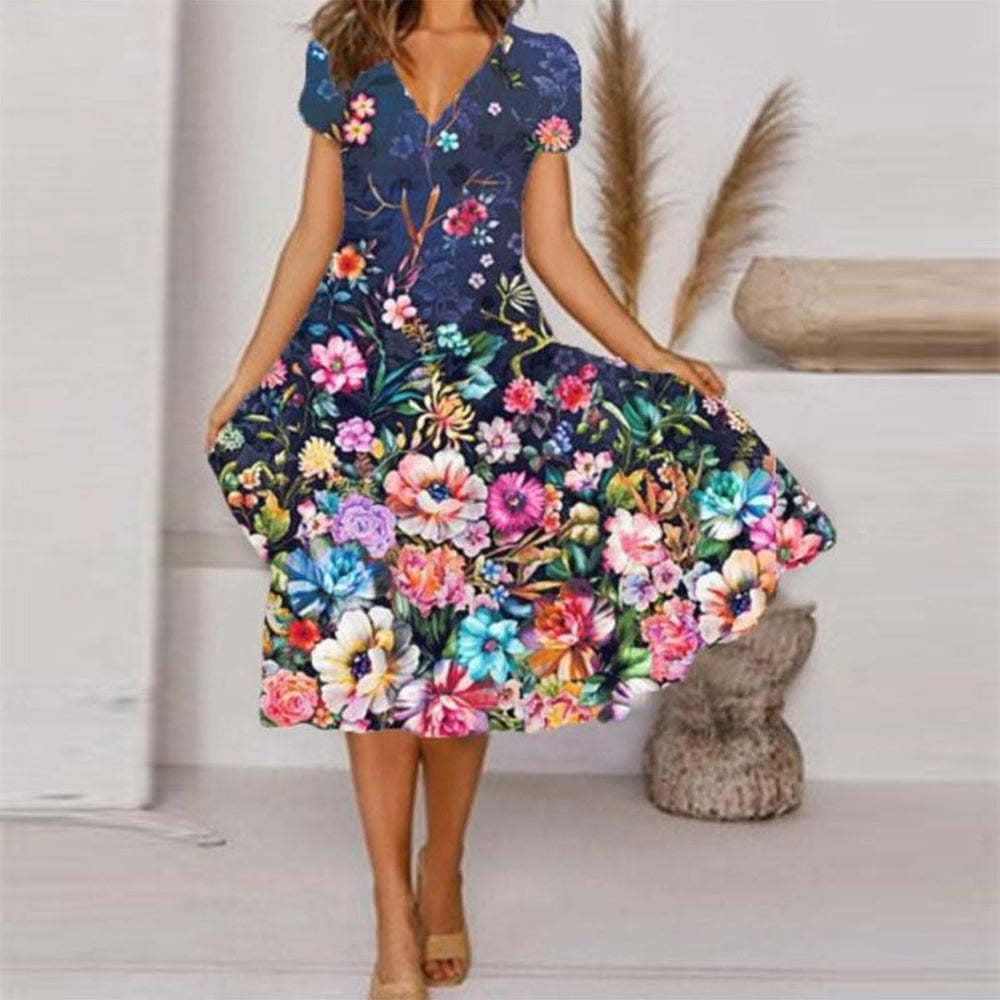 【S-4XL】🌺Γυναικείο φόρεμα με στάμπα και λαιμόκοψη V-GR