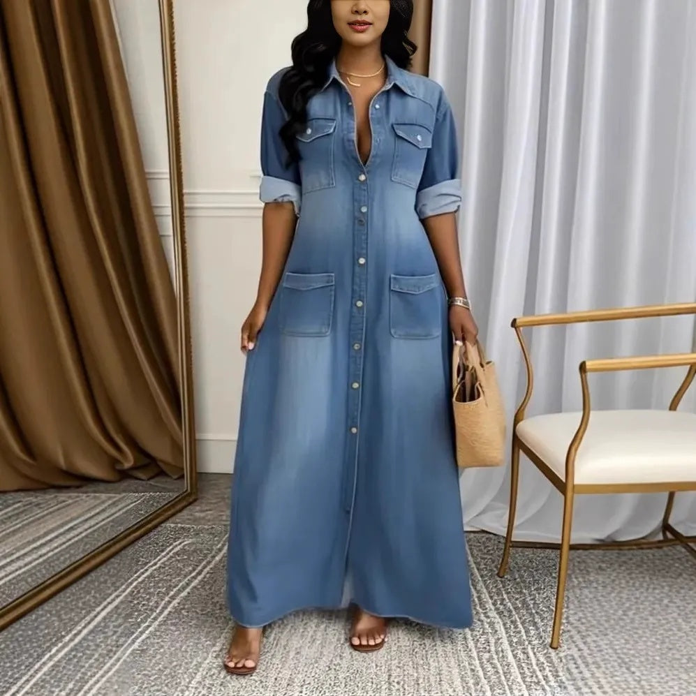 Ženska dolga obleka iz jeansa z gumbi-SI