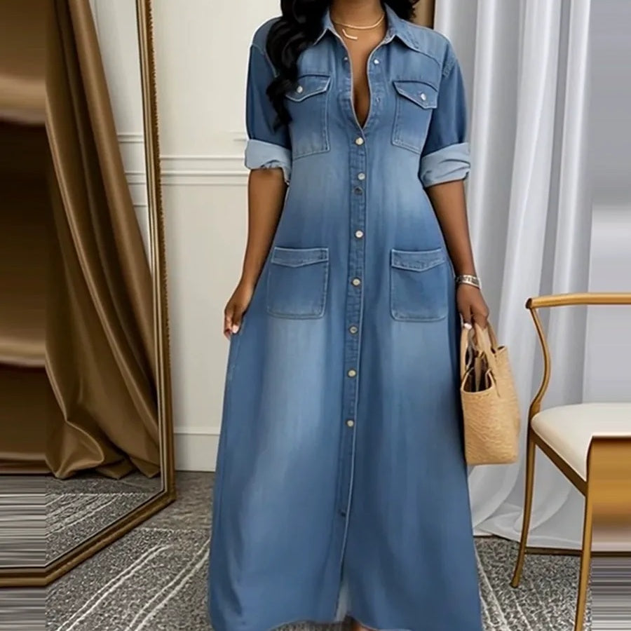 Ženska dolga obleka iz jeansa z gumbi-SI