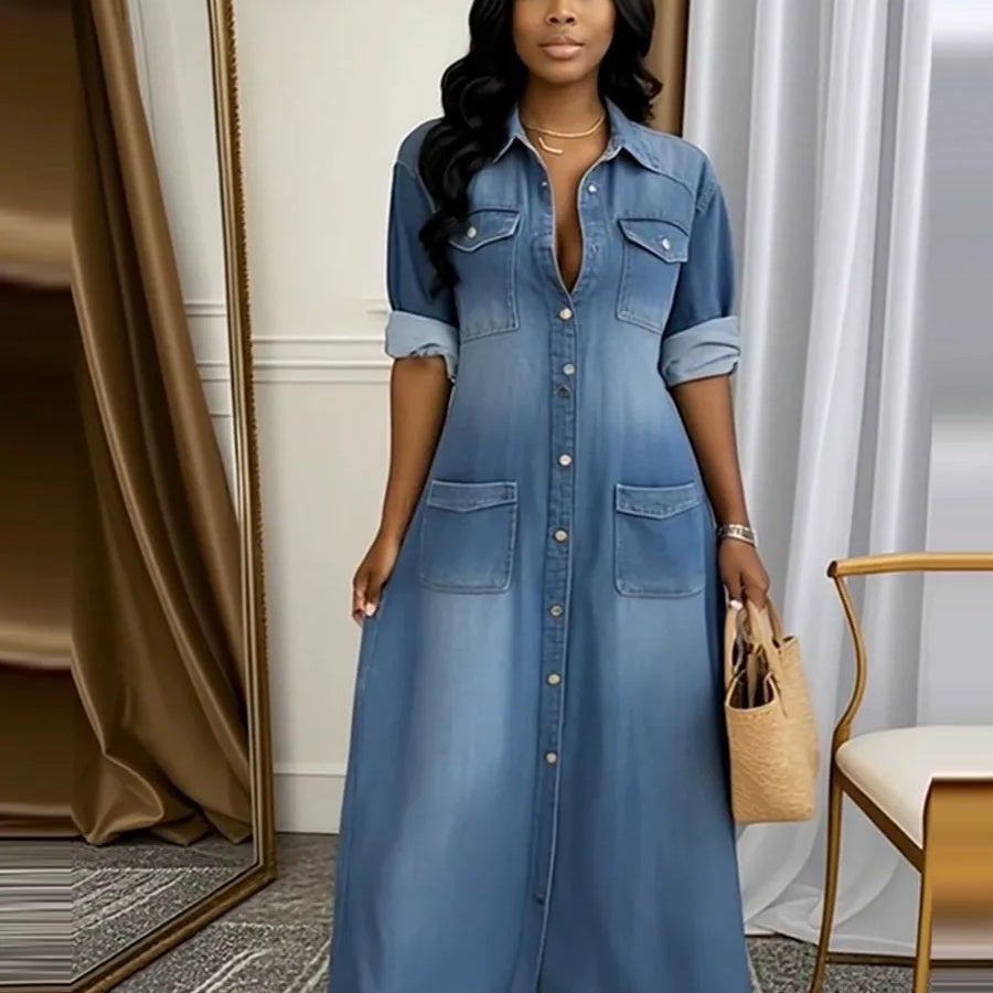 Ženska dolga obleka iz jeansa z gumbi-SI