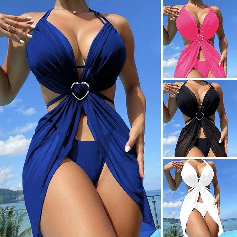 ✨Collar de cruz y corona👑👙Conjunto de bikini de 3 piezas sin tirantes de color sólido-ES