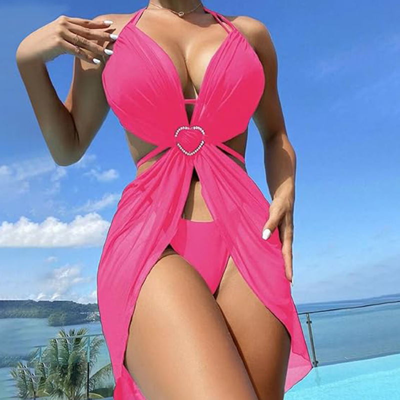 ✨Collar de cruz y corona👑👙Conjunto de bikini de 3 piezas sin tirantes de color sólido-ES