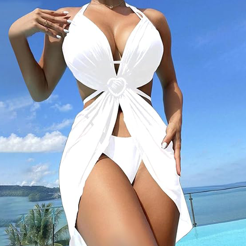 ✨Collar de cruz y corona👑👙Conjunto de bikini de 3 piezas sin tirantes de color sólido-ES