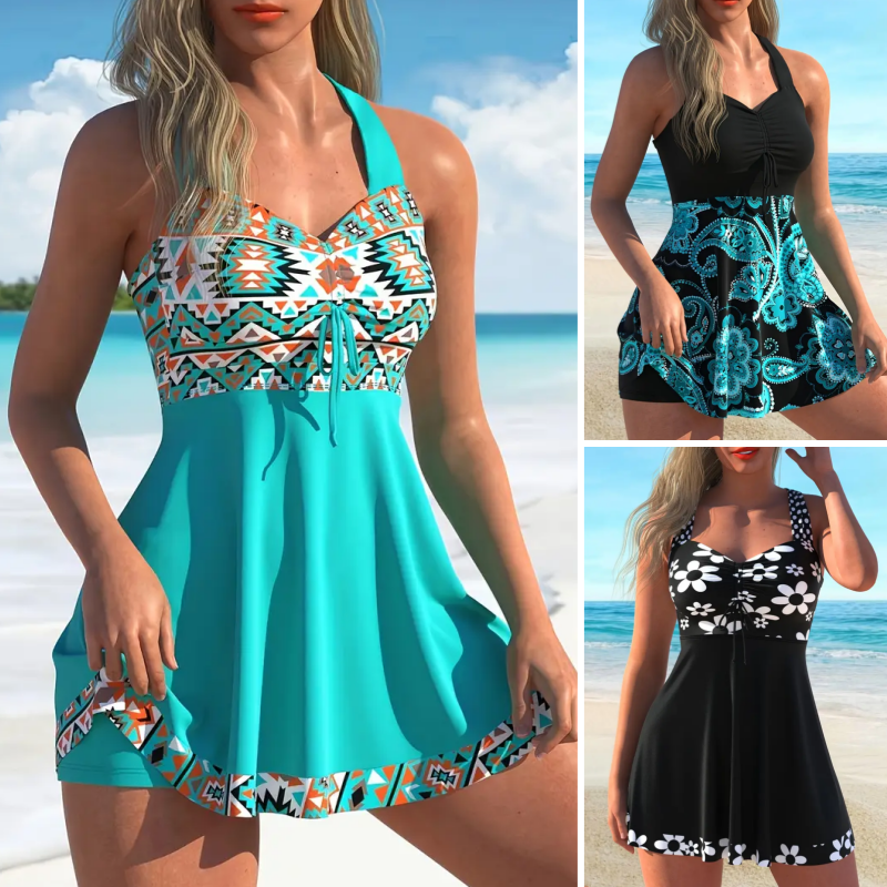 ✨👙Γυναικείο μαγιό χωρίς ώμους με τυπωμένα σχέδια και ενσωματωμένο σορτς-GR