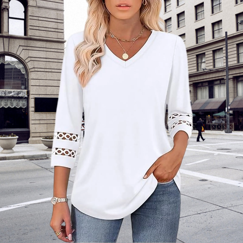 🌺[S-3XL]👚✨ Top clásico de color liso con escote en V y mangas 3/4-ES