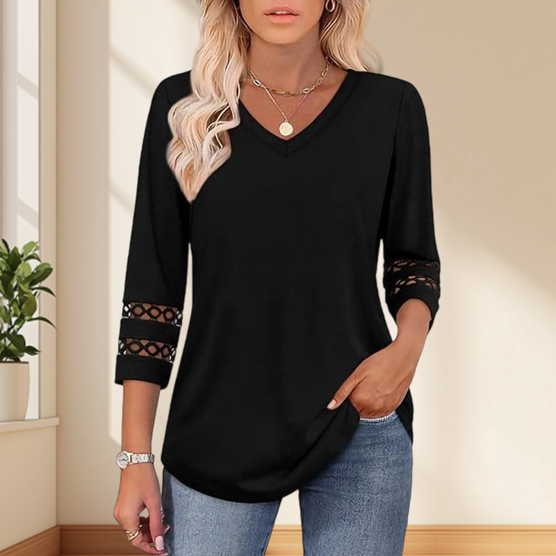 🌺[S-3XL]👚✨ Top clásico de color liso con escote en V y mangas 3/4-ES