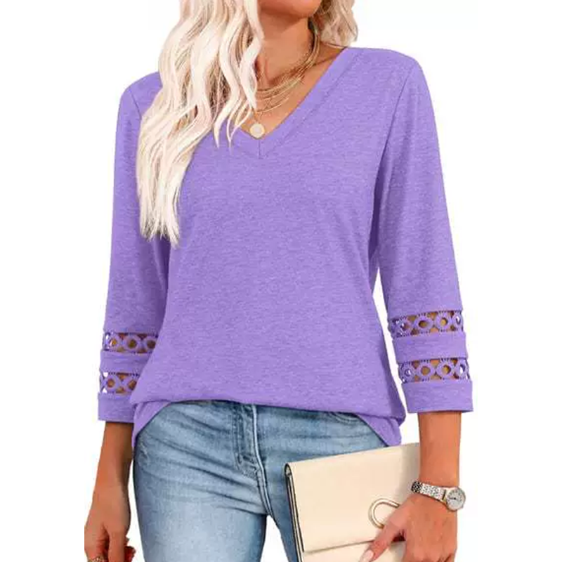 🌺[S-3XL]👚✨ Top clásico de color liso con escote en V y mangas 3/4-ES