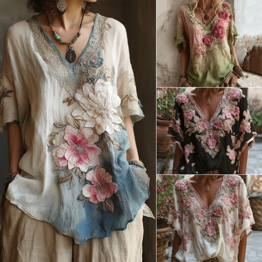 Blusa con escote en V profundo y estampado floral.-ES