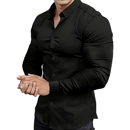 Camisa lisa de manga larga para hombre - material resistente a las arrugas-ES