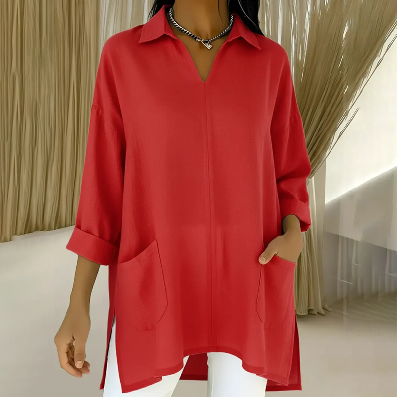 ✨🔥 2026 metų naujiena – moteriška tunika su V formos iškirpte ir apykakle, su kišenėmis 👚-LT