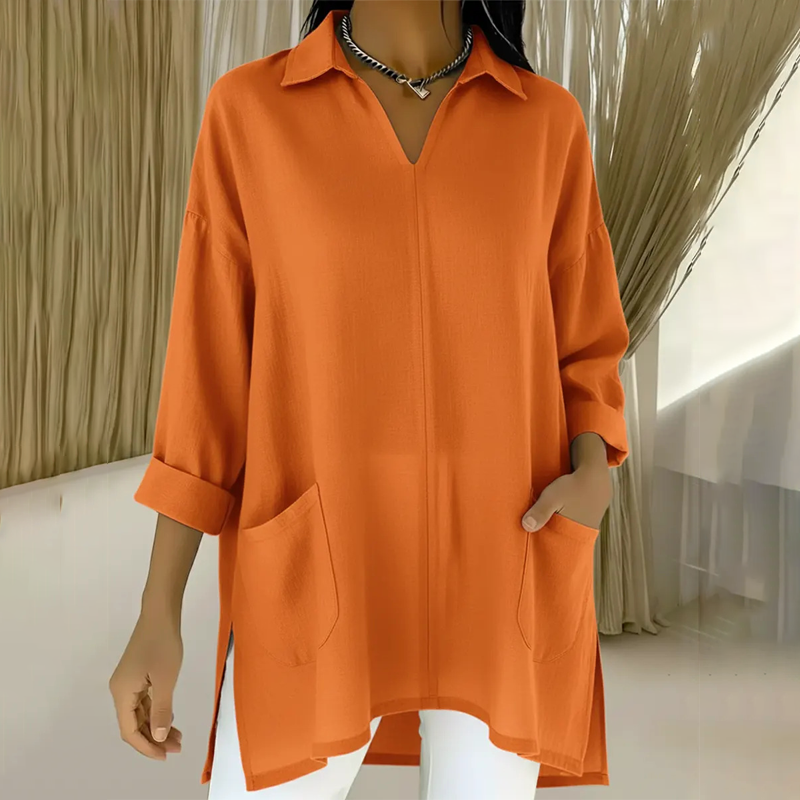 ✨🔥 2026 metų naujiena – moteriška tunika su V formos iškirpte ir apykakle, su kišenėmis 👚-LT