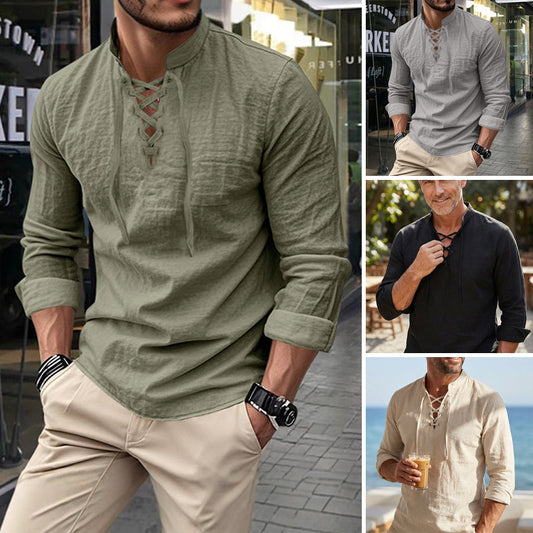 💎Camisa casual de color liso para hombre — Tejido de algodón transpirable ✨-ES